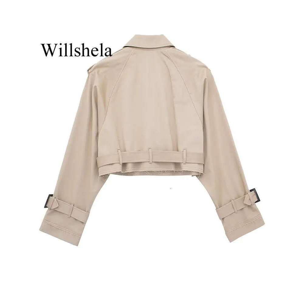 Willshela Women Fashion With Belt Cropped Trench Jacket Vintage Notched Neck Long Sleeve Female Chic Lady Coat Outfits