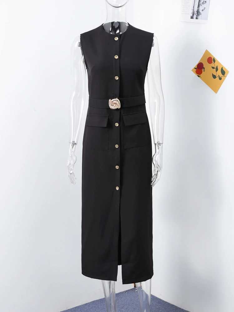 Black Elegant Long Dress With Belt Women Slim Single Breasted Front Split Sleeveless Female Dresses 2025 Summer Lady DressXJ250514
