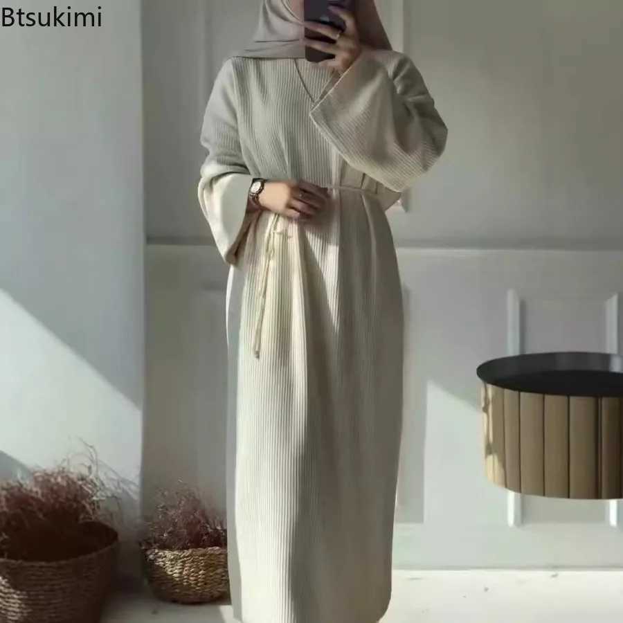 New Eid Muslim Women Knitting Dress Sashes Ramadan Morocco Autumn Winter Abayas Kaftan Sweater Vestidos Jalabiya Dubai Long Robe X250514