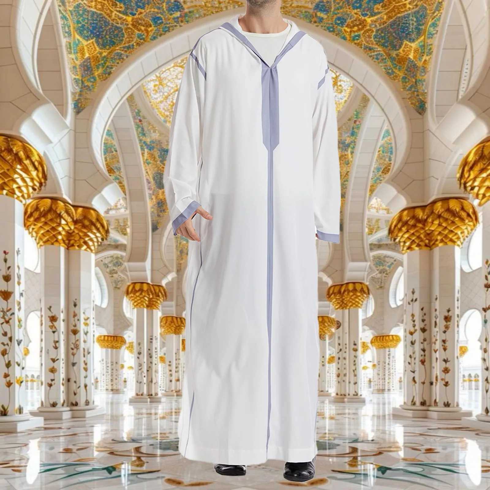 MenS Islamic Clothing Hooded Robe Long Sleeve Pocket Colour Block Ethnic Costume Dubai Abaya MenS New Style Muslim Jubba Thobe X250514