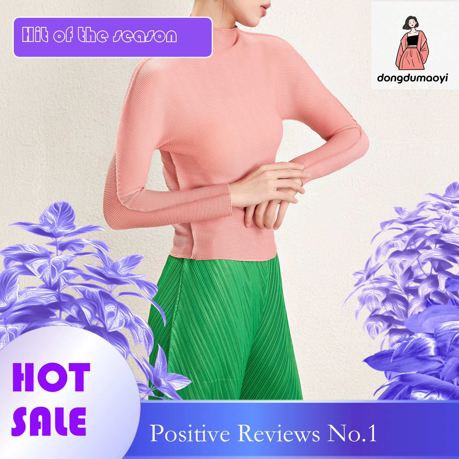 dongdumaoyi Miyake Me series pleated semi high neck long sleeved top T-shirt spring, slim fit and slimming, solid color base shirt for women