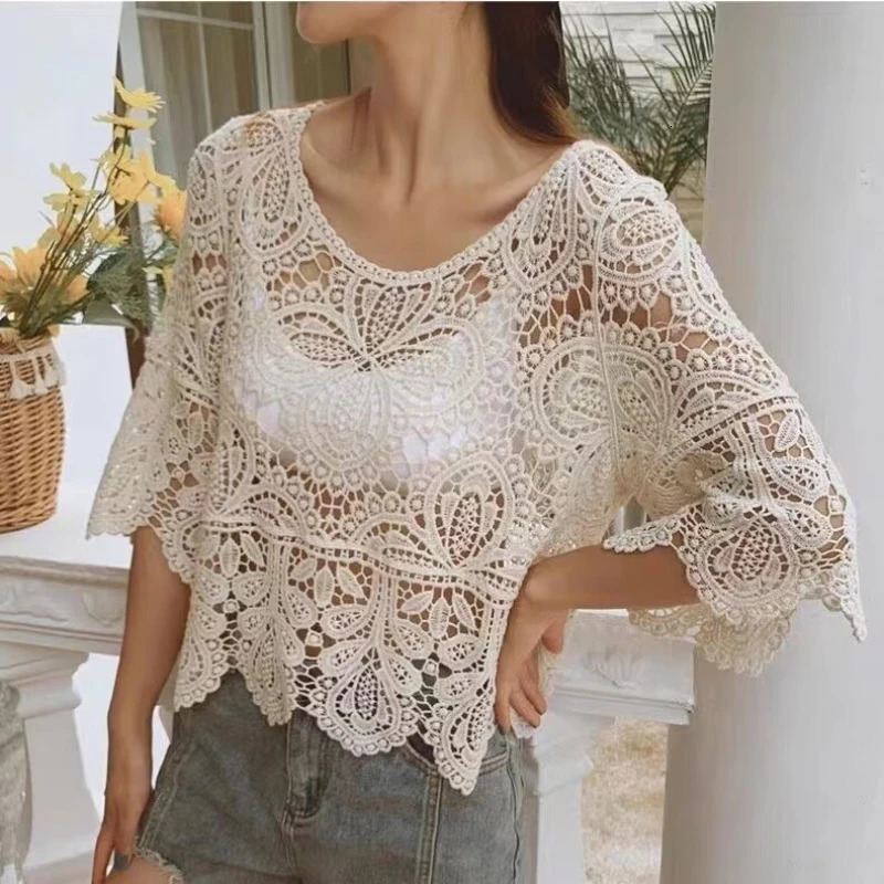 REALEFT Summer Vintage Lace Crochet Womens Blouses Half Sleeve Oneck Hollow Out Loose Shirts Short Tops for 250514