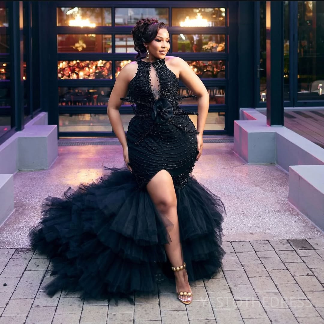 2025 Plus Size Black Aso Ebi Prom Dress Mermaid Prom Dresses Evening Formal Gowns Halter Side Split Tiered Beaded Lace Birthday Dress Second Reception