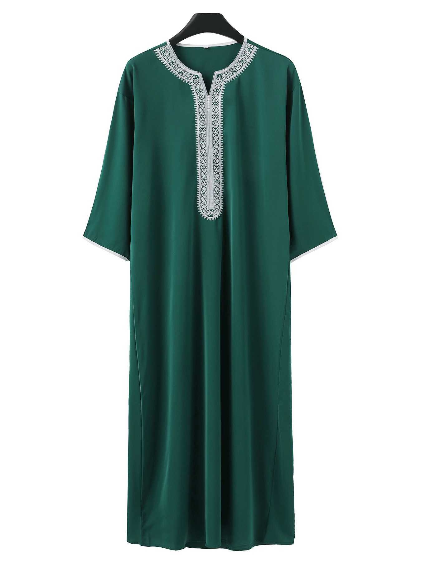 New Moroccan Green Arab Robe for Men Traditional Islamic Casual Clothing Embroidered Muslim Robe X250514