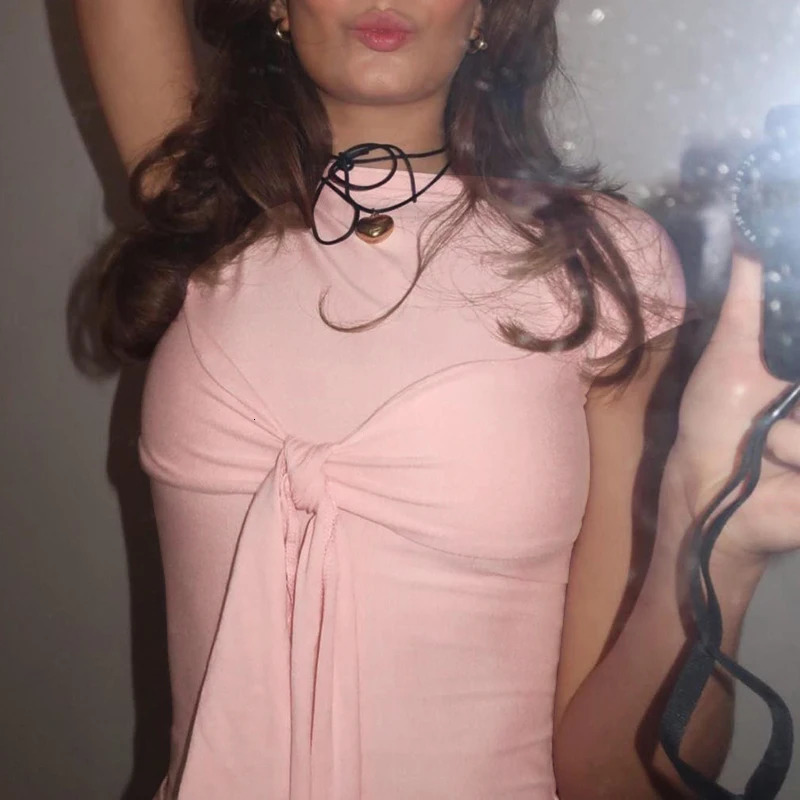 Summer Womens Tshirt Sweet Fashion Pink Cropped Top Sexy Lady Corset ONeck Bodycon Basic Simple Versatile Tees Bandage 250514