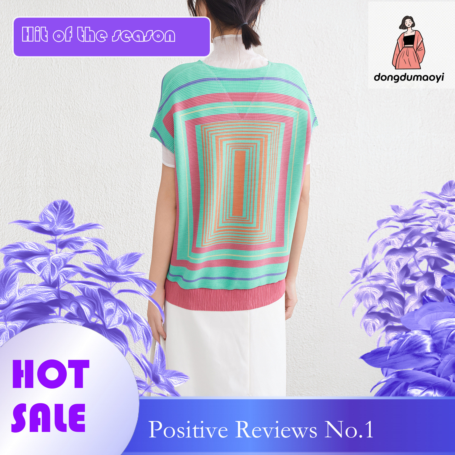 dongdumaoyi Miyake printed short sleeved for women's summer 2025 new fashion V-neck plus size slimming pullover shirt top