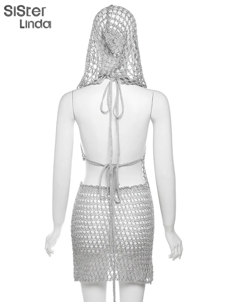Sisterlinda Sequins Hooded Women 2piece Set Sleeveless Asymmetrical Bandage Backless Tank TopsPeach Hip Skirt Midnight Clubwear 250513