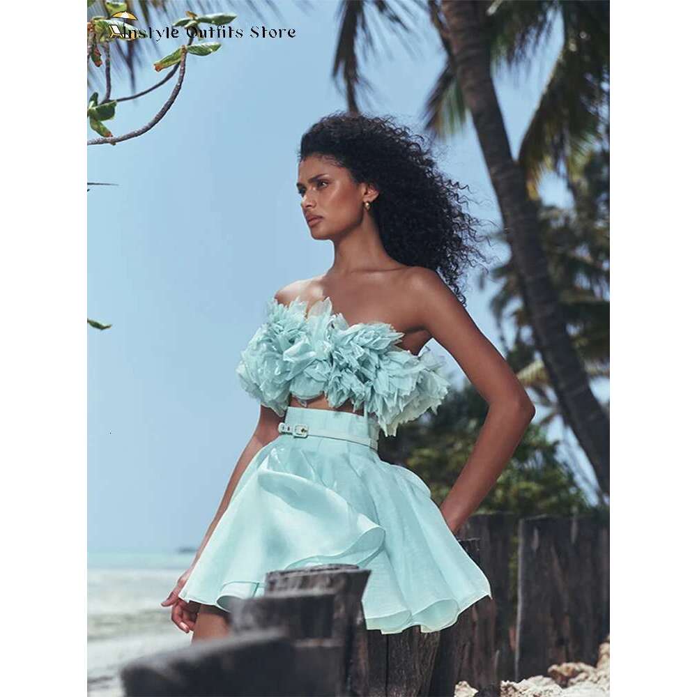 3D Flower Mini Skirt Set Women Crop Top Sleeveless Backless A-Line Ruffles Skirts Sets Spring Summer Casual Suit Lady Holiday