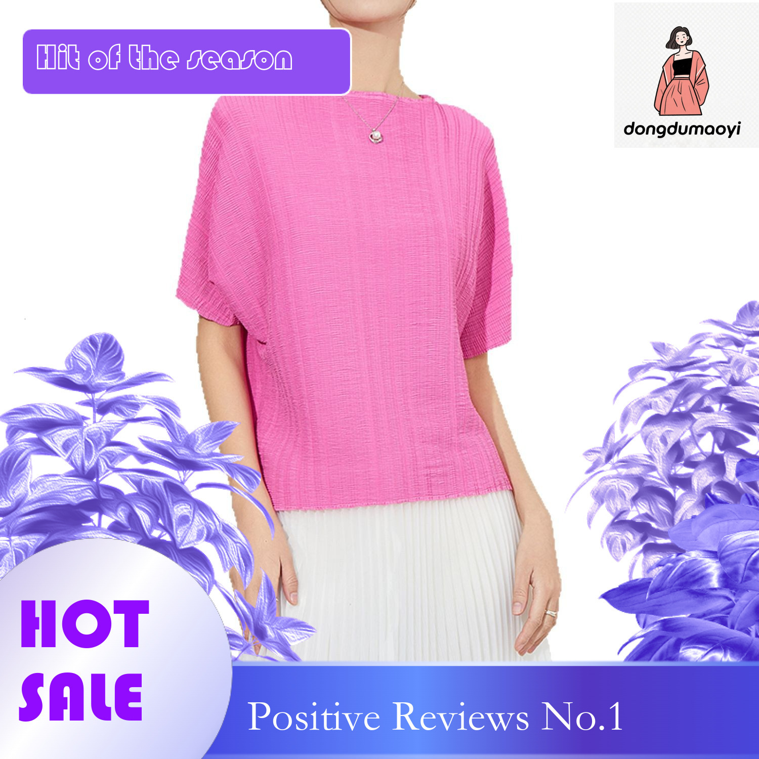 dongdumaoyi French bat sleeve round neck loose slimming top for women 2025 new high-end plus size western-style versatile pleated T-shirt