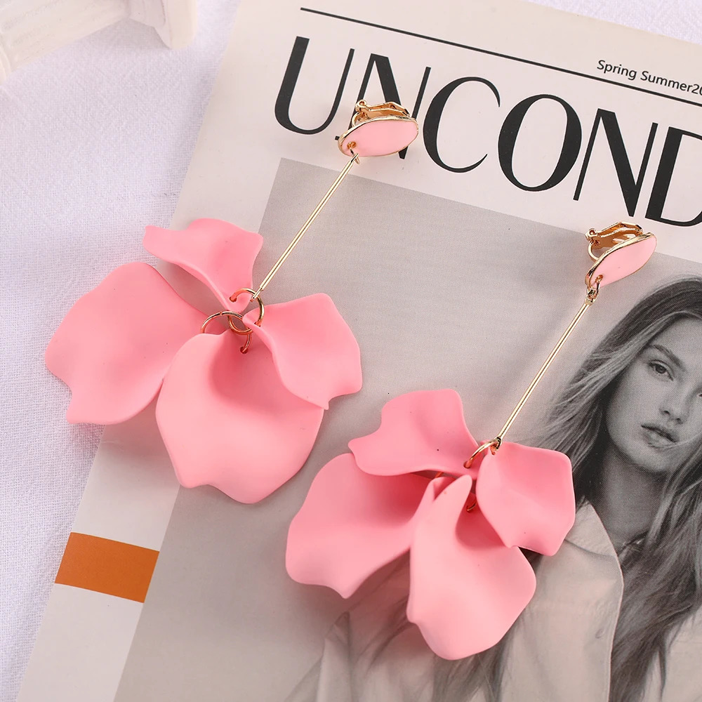 Romantic Sweet Acrylic Petal Long Dangle clip Earrings For Women Girl Trend Fairy Grunge Pendant Jewelry Accessories 250513