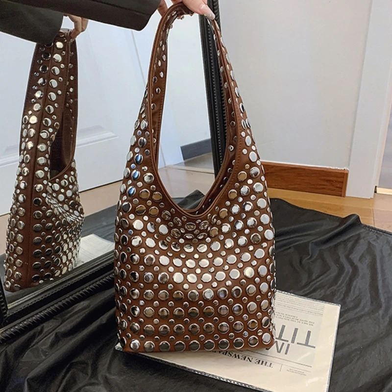 Stylish Bucket Bag Decorated Unique Studs s Shoulder Bag PU Leather Armpit Purse Fashion Handbag For Trendsetters 250513