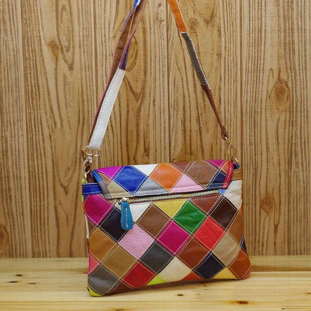 Genuine Leather Cowhide Women's Fashionable Niche Design Colorful Plaid Cosmetic Crossbody Ladies Shoulder Small Bag