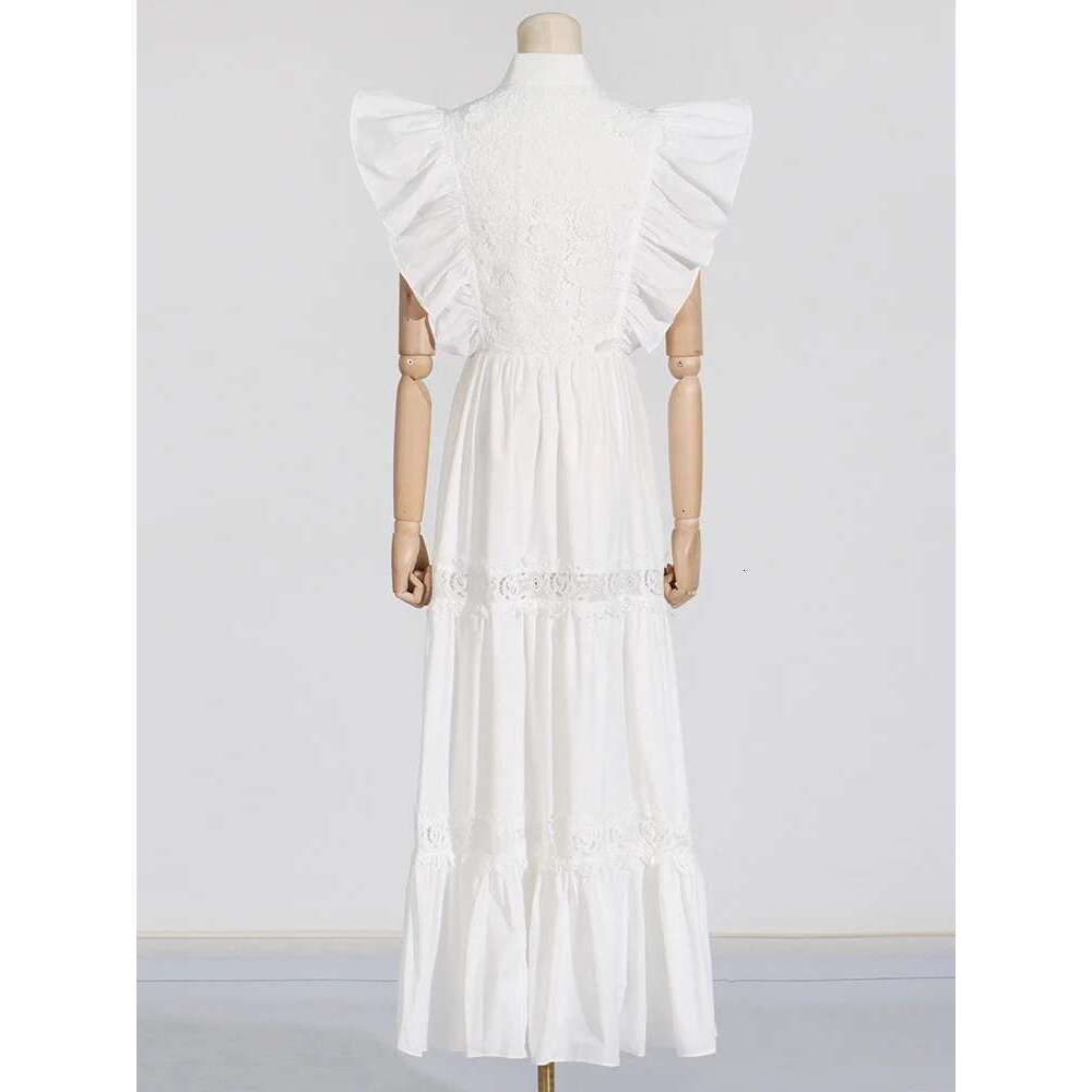 VGH Solid Patchwork Lace Elegant Dresses For Women Lapel Flying Sleeve High Waist Sliced Single Breasted Dress Female Fashion