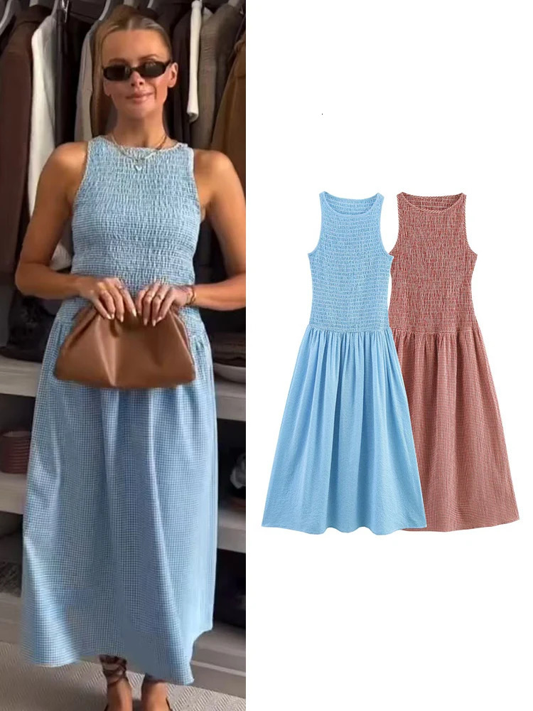 TFMLN Summer Womens Sweet Plaid Dress Casual Round Neck Slim Pullover Fashion Sleeveless Midi A Line Dresses 250514