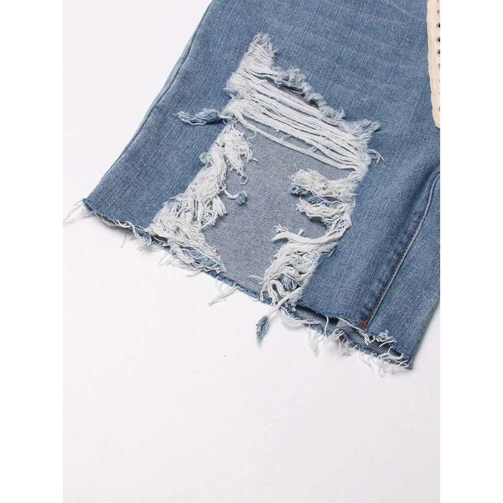 TWOTWINSTYLE Patchwork Ribbons Denim Shorts For Women High Waist Hollow Out Casual Streetwear Short Trousers Female Fashion 2022