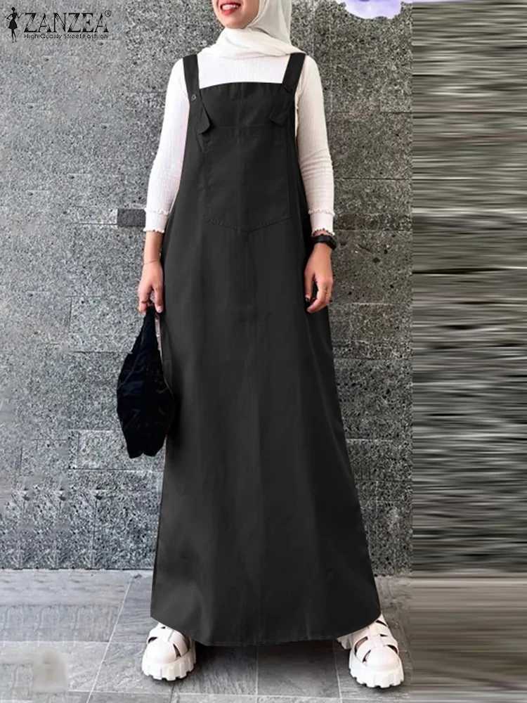 ZANZEA Casual Solid Maxi Dresses Autumn 2024 Muslim Fashion Turkey Women Overalls Dress Islamic Hijab Suspender Abaya Robes X250514