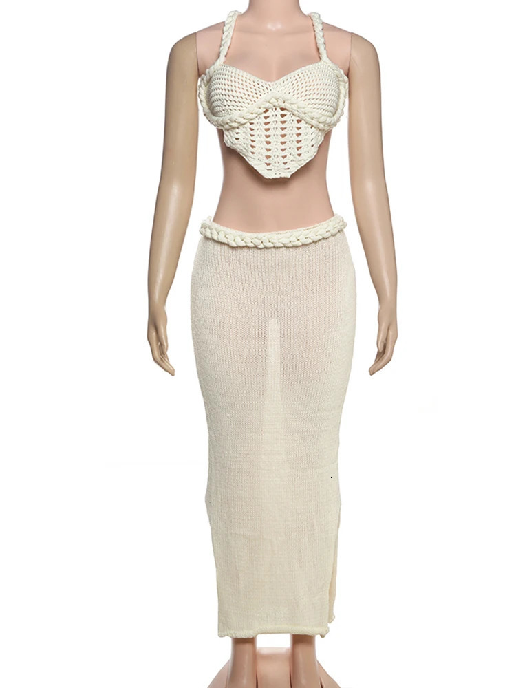Nibber Beach Style Crochet Shirring 2 Piece Set Women Cross Bandage Backless Irregular TopsSolid Long Skirts Vacation Suits 250514