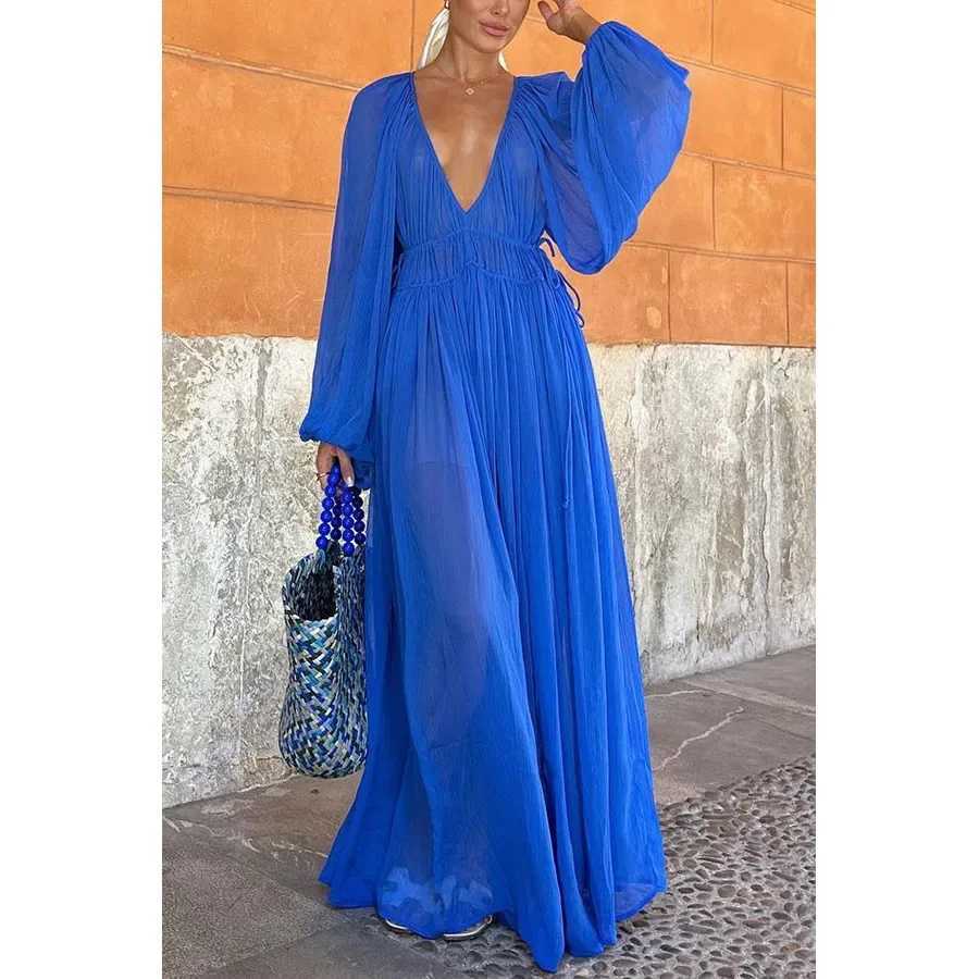 Summer Long Dress New Chiffon Dress Loose Vacation Womens Long Sleeved Dresses Boho Style FashionXJ250514