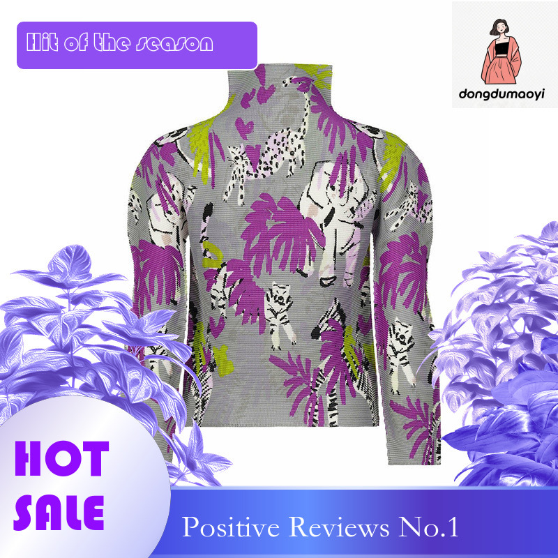 dongdumaoyi Wrinkled semi high neck long sleeved top for spring, new basic graffiti print style, elastic oversized slim fit T-shirt