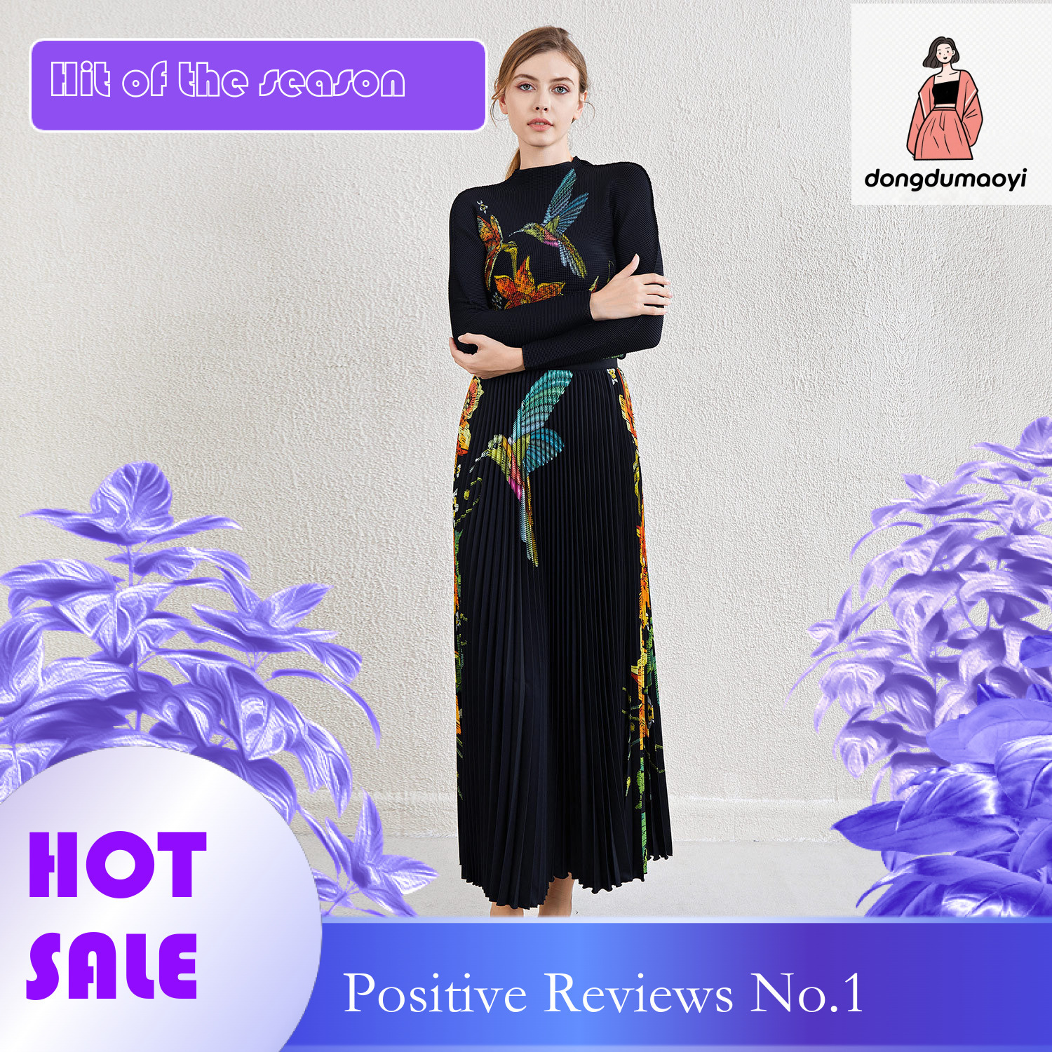 dongdumaoyi Fashionable Set, Folded Women's Clothing, Miyake Printed Chiffon Bottom Shirt, Half Skirt Two Piece Set