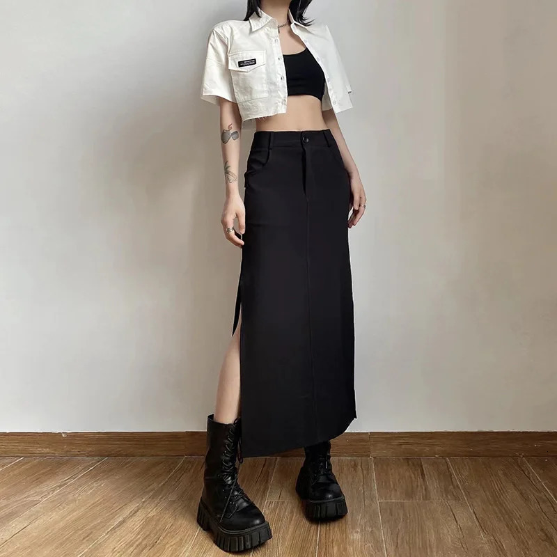 Goth Dark Elegant Mall Gothic Trumpet Women Midi Skirts Grunge High Waist Split Sexy Club Long Skirt Slim Party Streetwear 250514