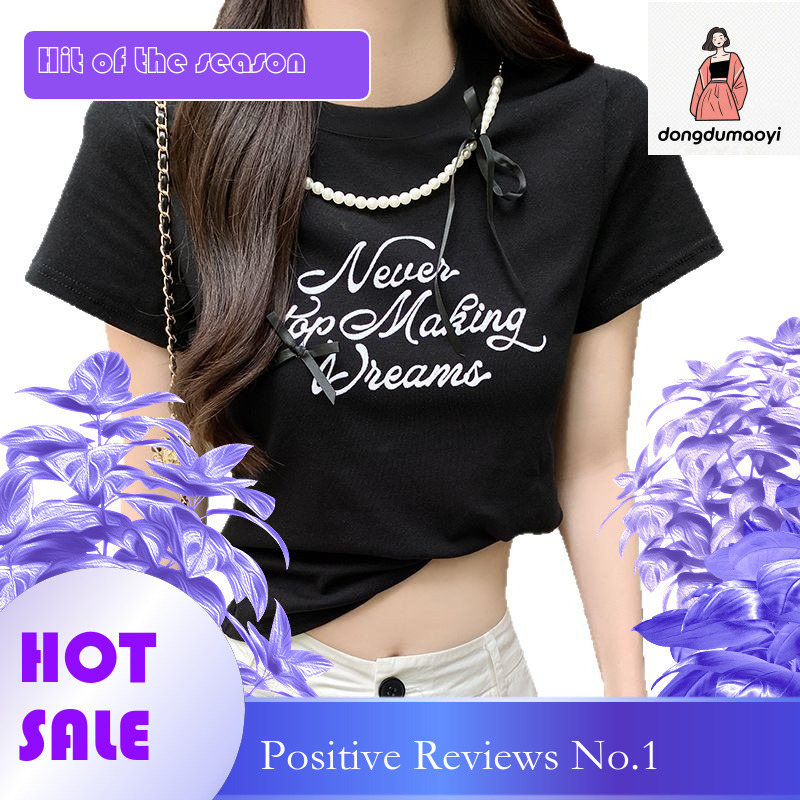 dongdumaoyi Black round neck shoulder T-shirt for women's summer 2025 new half sleeved bow short style slim fit and slimming top