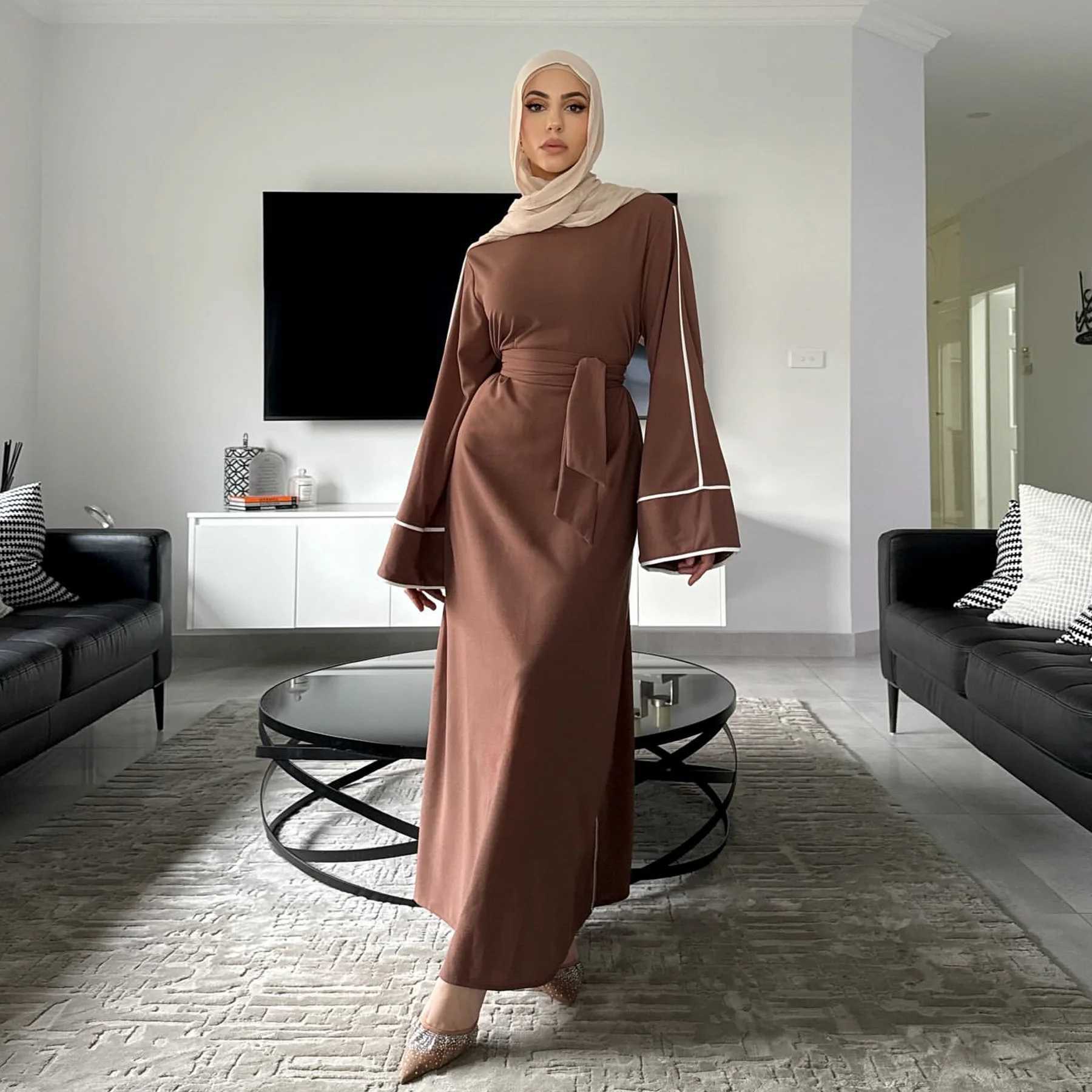 Islamic Brown Muslim Abaya Belted Waist Cuff Design Ideal for Ramadan Celebrations in UAE Dubai and Middle East Daily Modest X250514