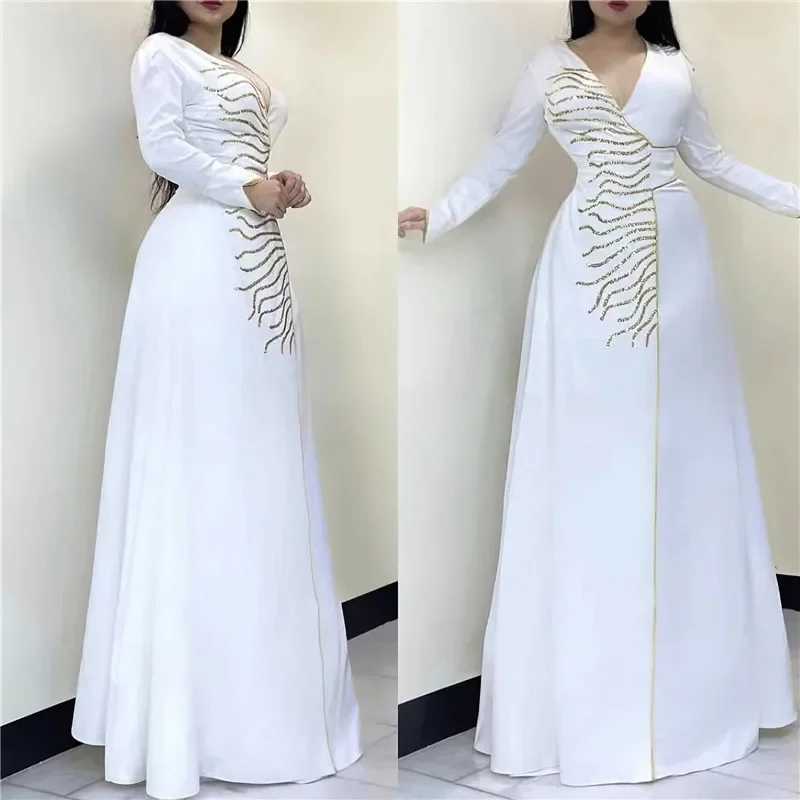 Hand-made Beading Diamonds Middle East Evening Dress V Neck Elegant Women Muslim Abayas Dubai Party Maxi Dreses Gowns Vestidos X250514