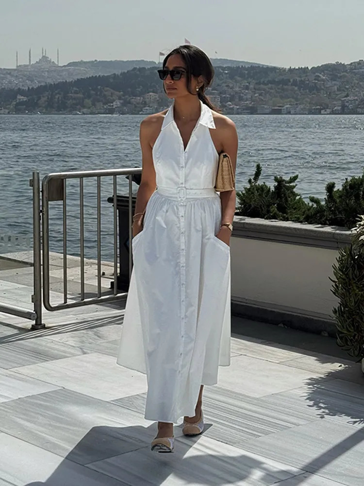 Elegant Halter Sleeveless Long Dress Women Single Breasted Lapel Belts Pocket White Aline Dresses Summer Street Holiday 250514