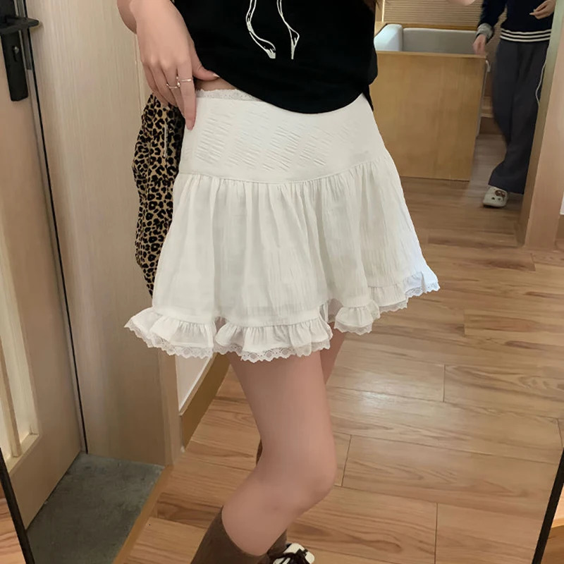Womens Summer White Lace Mini Skirt Korean Chic High Waist Y2k Short Skirts Woman Ballet Style Ruffles Cake Female 250514
