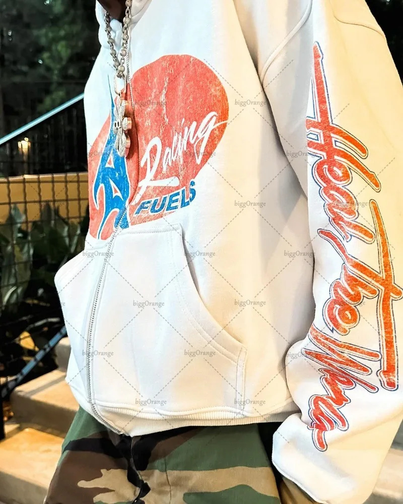 American Retro Letter Print Oversized Sweatshirt Y2K Harajuku Street Trend Zipper Hoodie Men Hiphop Casual Loose Jacket Couple 250514