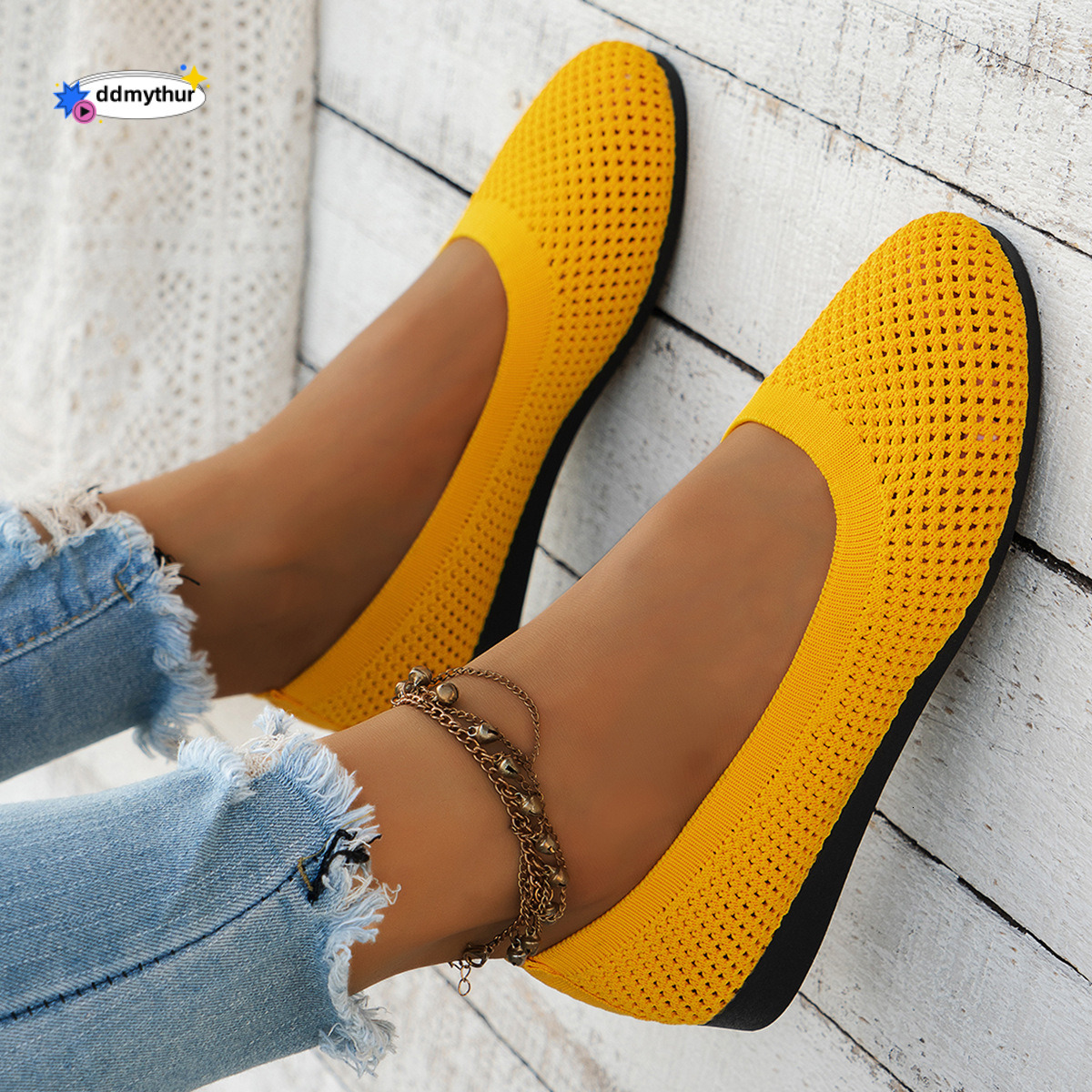 2024 Spring and Summer New Solid Color Pointed Soft soled Single Casual Breathable Women's Shoes, Hollow Knitted Shoes ddmythur