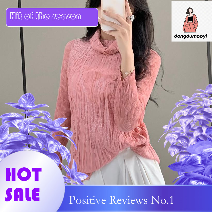 dongdumaoyi Frech high-ed embroidered base shirt, Miyake autum ad witer plus size wome's clothig, coverig the belly to show off weight, pleated T