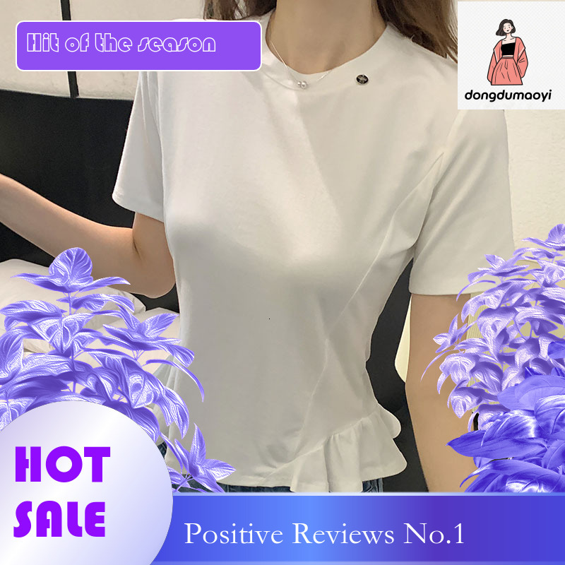 dongdumaoyi Round neck shoulder short T-shirt for women 2025 new summer outfit Korean version gentle wind lotus leaf edge half sleeved slim fit top