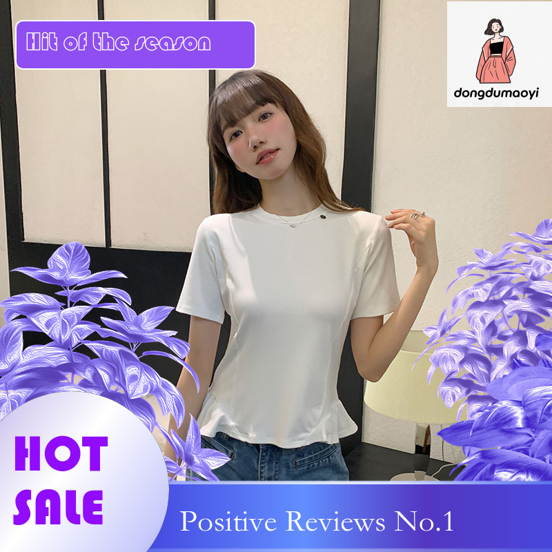dongdumaoyi Round neck shoulder short T-shirt for women 2025 new summer outfit Korean version gentle wind lotus leaf edge half sleeved slim fit top