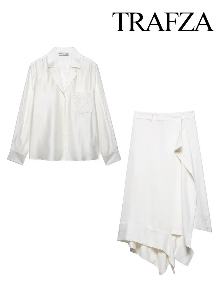 TRAFZA Women Fashion 2 Piece Set Long Sleeves Lapel Button y Pocket Decorate Casual Shirt TopChic Asymmetry Midi Skirt 250514