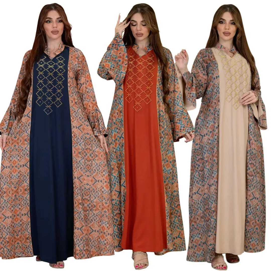Printing Diamond Casual Arabian Dubai Abaya Nation Robe Fashion Muslim Dress Women Party Holiday Long Slve Daily Dress Vestido X250514