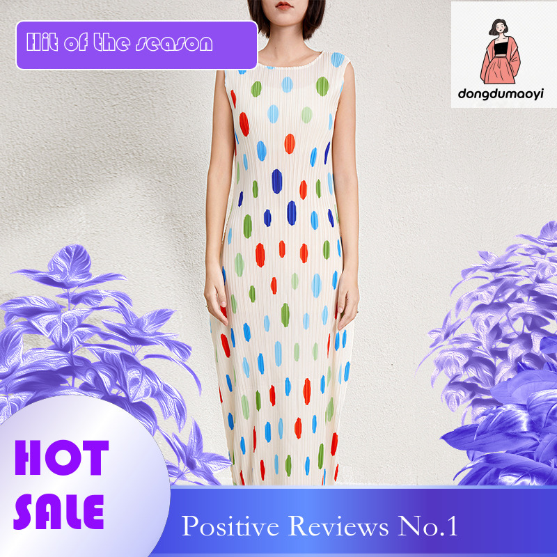 dongdumaoyi Colorful polka dot dress for women s summer new Miyake seaside vacation style loose fit slim figure temperament long skirt