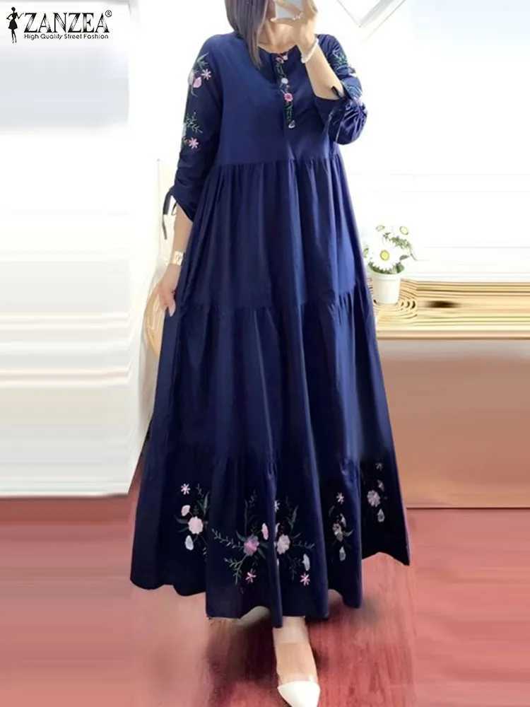 ZANZEA Elegant Floral Printed Muslim Maxi Dress Woman Fashion Tiered Abaya Sundress Casual Holiday Vacation Long Robes Kaftan X250514
