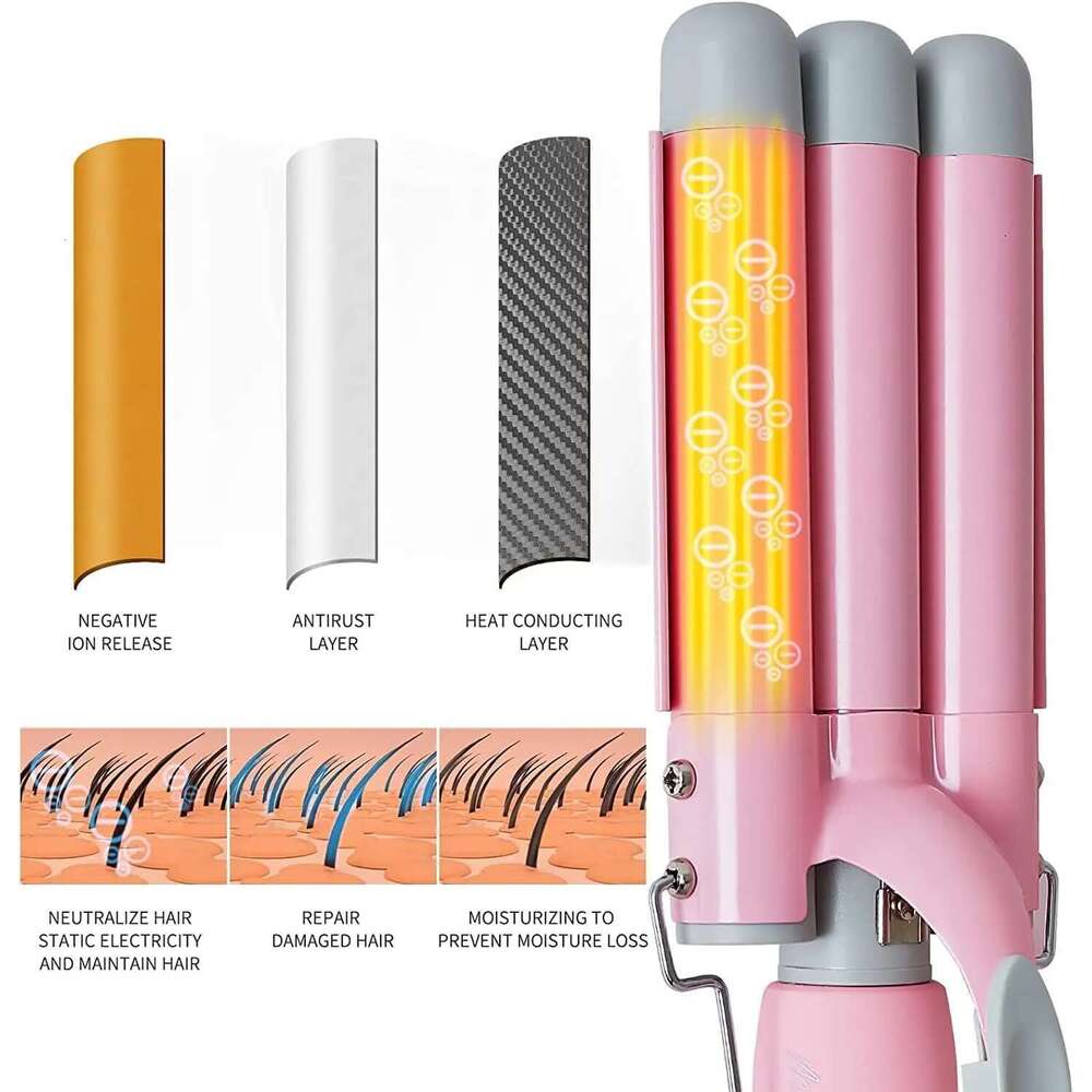 Professional Hair Curling Iron with LCD Temperature Display -Hair Waver 1 Inch Ceramic Tourmaline Triple Barrels, Dual Voltage