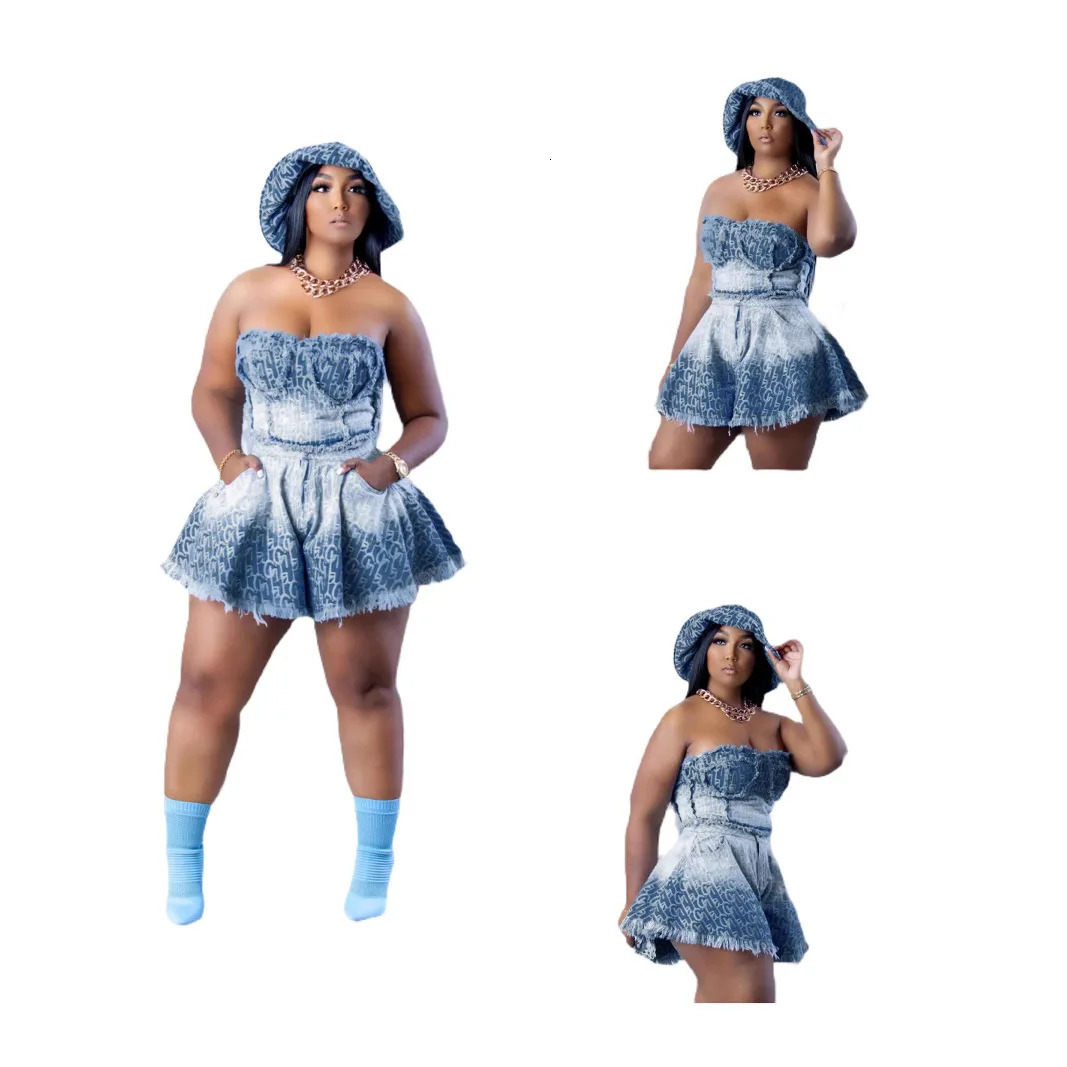 Denim Women Skirts Suit Sexy Strapless Short Tops Print Ensemble Backless Pockets Hem Skirt Female Streetwear 2 Piece Sets 250514