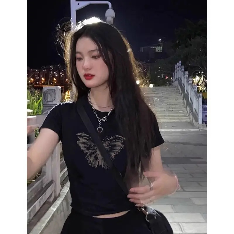 Black Cotton Shortsleeved Tshirt for Women in Summer Slim Short Butterfly Printed Front Shoulder Top 250514