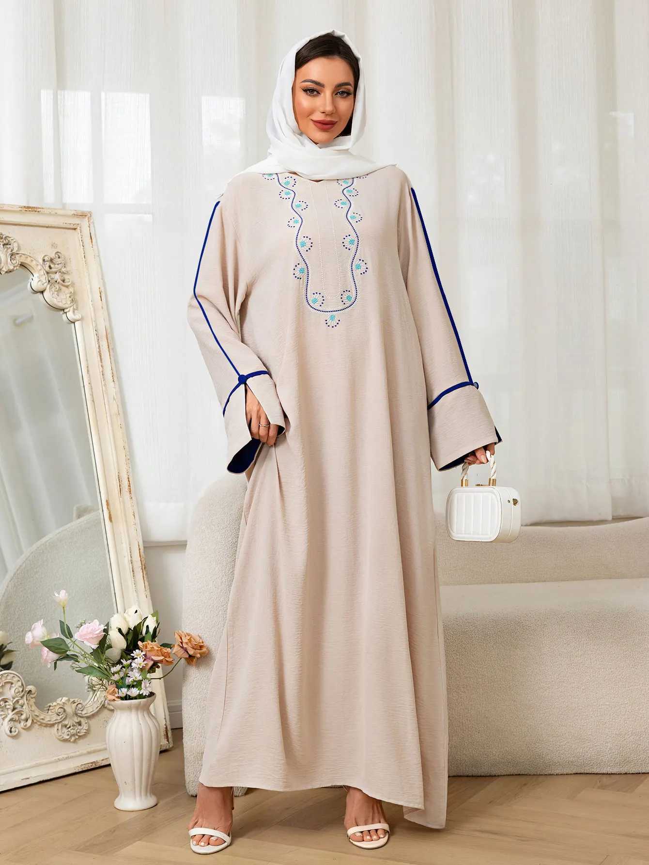 New Islamic Muslim Womens Beige Abaya with Blue Embroidered Neckline and trimmed Long Slves for Ramadan Middle East Religious X250514