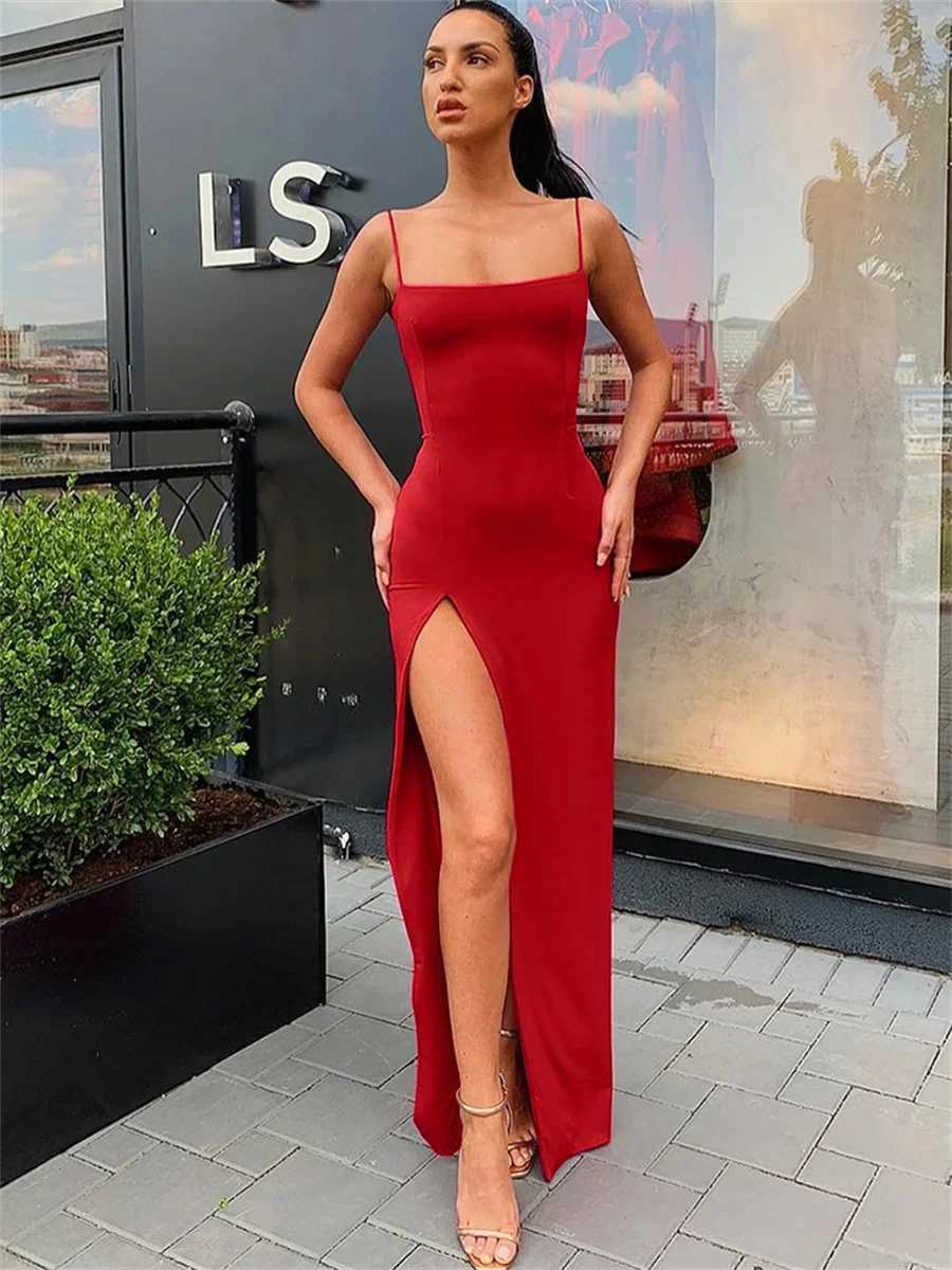 Women Summer Sexy Bodycon Dress Lady Sexy Spaghetti Strap Sleeve Split Solid Color Sheath Dress DressesXJ250514