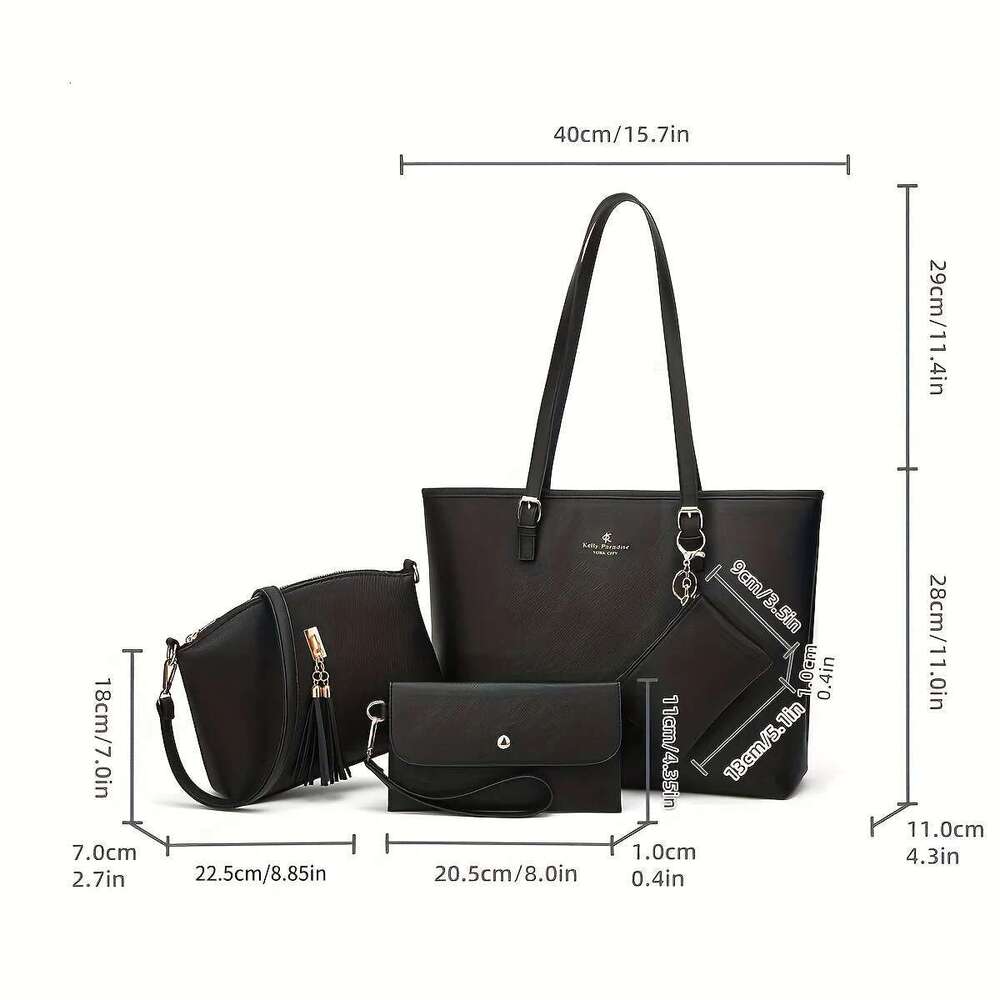 Europe and the United States new large capacity solid color four-piece cross-grain Tote bag retro single shoulder crossbody