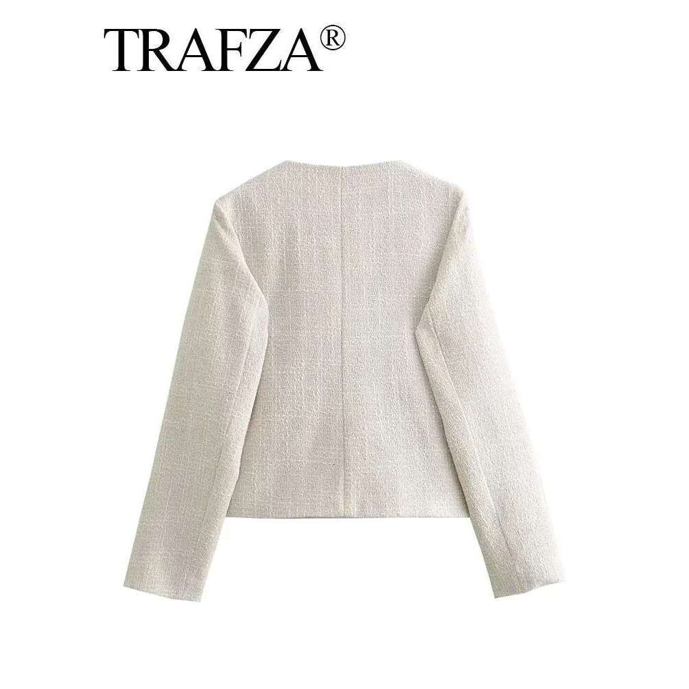 TRAFZA Women Fashion Textured Coat With Pockets Button Long Sleeve Jacket Vintage Solid O Neck Outerwear Woman Chic Coats