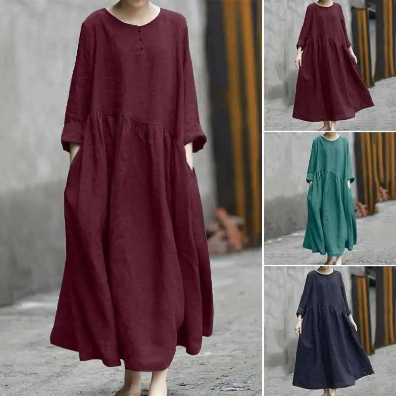 Womens Cotton Linen Asymmetrical Loose Long Dress Autumn O-neck Long Sleeve Pocket Baggy Party Dresses JYFS-HS6144XJ250514