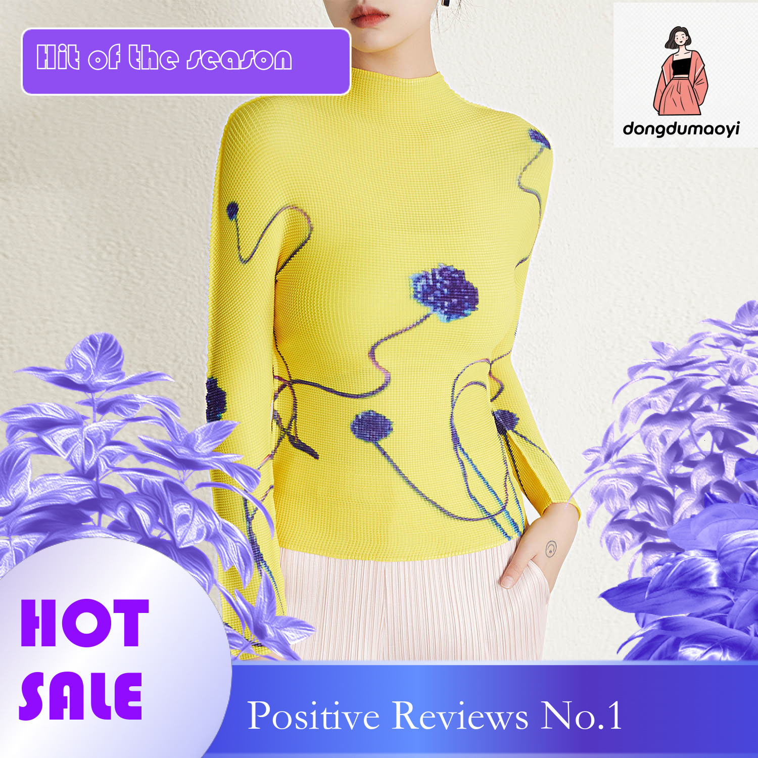 dongdumaoyi Autumn winter new design pleated printed long sleeved top T-shirt for women's three bedroom semi high neck slim fit and slimming base