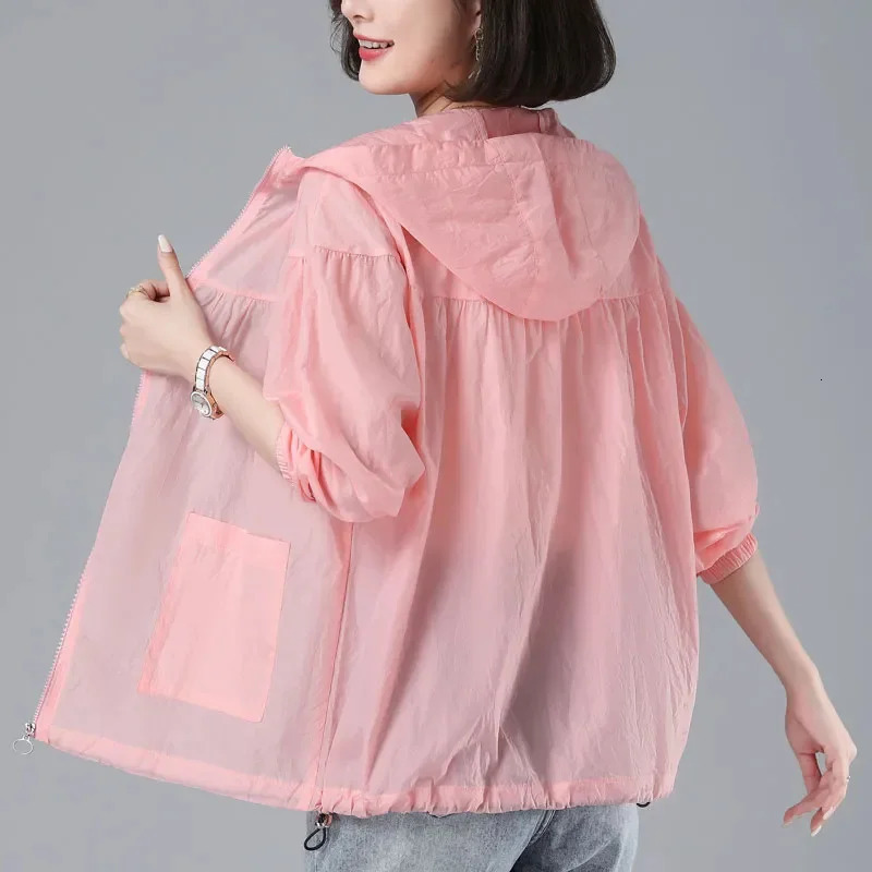2025 Summer Thin Breathable Sun Protection Clothing Womens Loose UV Protection Hooded Coat Tops Female Outdoor Short Outwear 250513