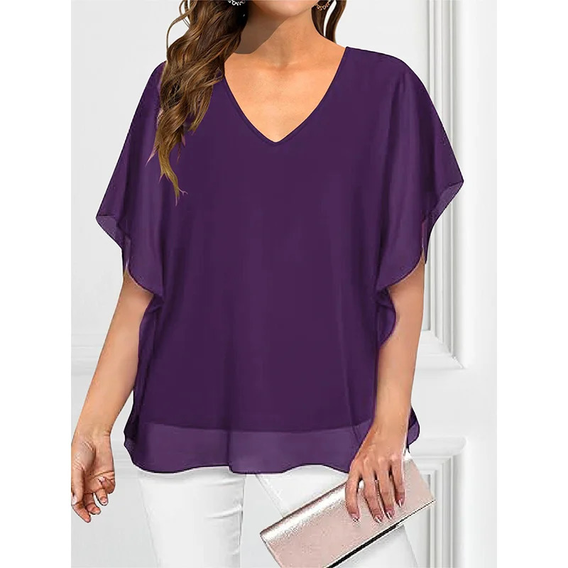 Plus Size Blouse Shirts Womens Tops Blouses Summer Batwing Sleeve Vneck Purple Shirt Elegant Clothing 250514